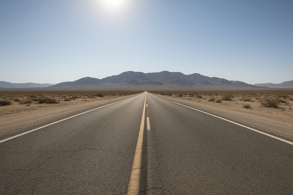 of an empty two-lane desert highway stretching toward distant mountains at midday, no vehicles, no signage visible