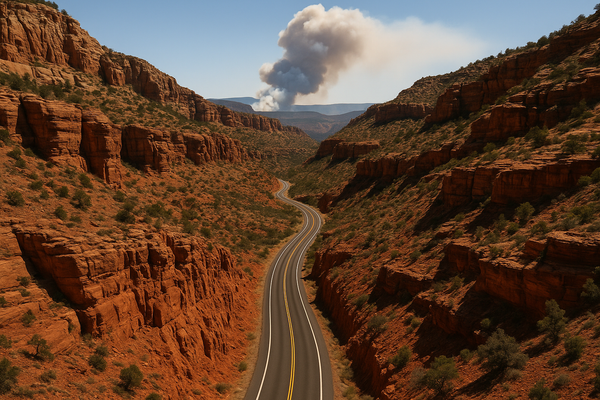 view of a winding desert highway through red rock canyon country, smoke visible on the horizon, no people or vehicles