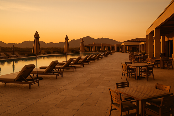 of a resort pool terrace at golden hour, desert mountain silhouette in the background, no people, warm ambient light