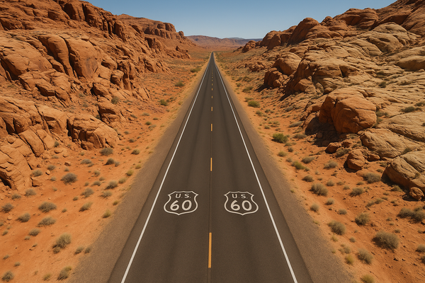 view of a two-lane desert highway cutting through rocky Arizona terrain, midday sun, no vehicles, no people