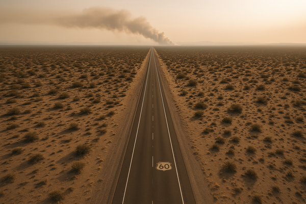 Wide aerial view of a desert highway cutting through dry scrubland in central Arizona, hazy smoke visible on the horizon at d
