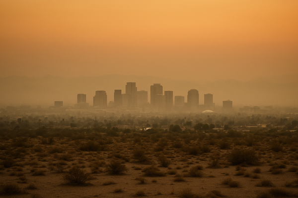 of a hazy Phoenix desert skyline at dusk, orange-tinged sky, no people, no text