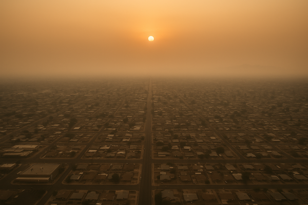 Wide aerial view of a hazy desert city skyline at dusk, orange-tinged sky, no people, no text