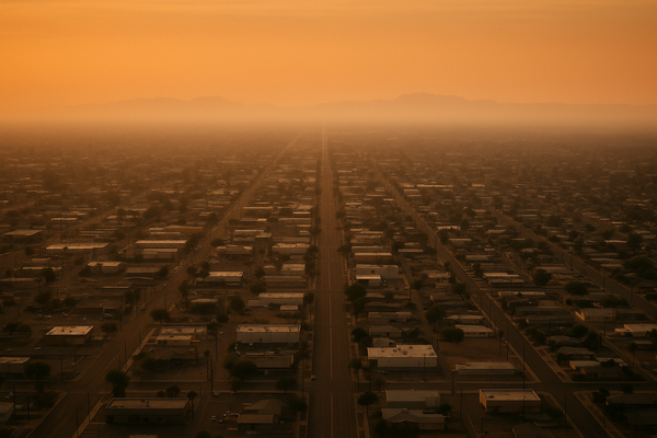 of a hazy desert sky over a flat urban grid at dusk, orange and brown tones, no people, no text