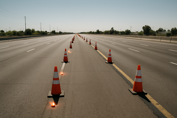 of an empty urban highway at midday, orange traffic cones and flares visible, desert sky overhead