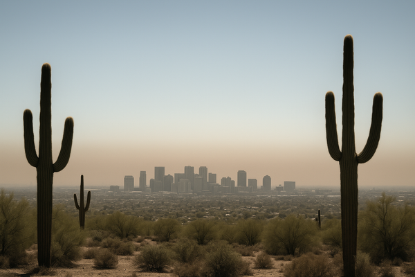 of a hazy Phoenix-area desert skyline at midday, brown smog layer visible against pale blue sky, saguaro cactus silhouettes i