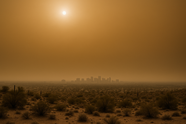 of a hazy Phoenix-area sky at midday, sun diffused through orange-brown smog, desert landscape in foreground, no people