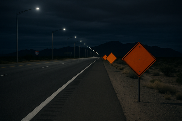 of an empty desert interstate highway at night, orange construction warning signs visible, mountains in the background