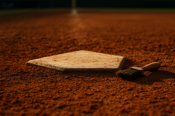 of a home plate and umpire's brush resting on red clay infield dirt, late afternoon light