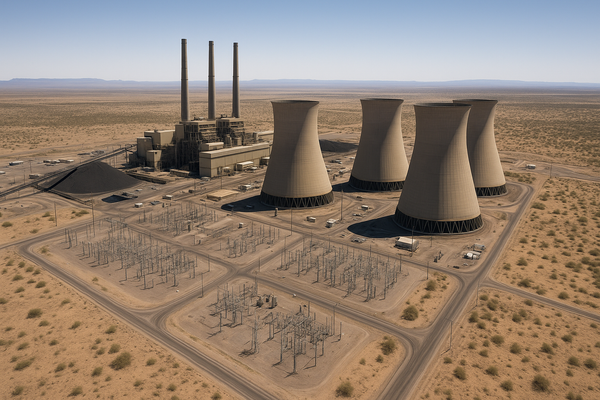 Wide aerial view of a desert power plant with cooling towers against a pale blue Arizona sky, no people, no text