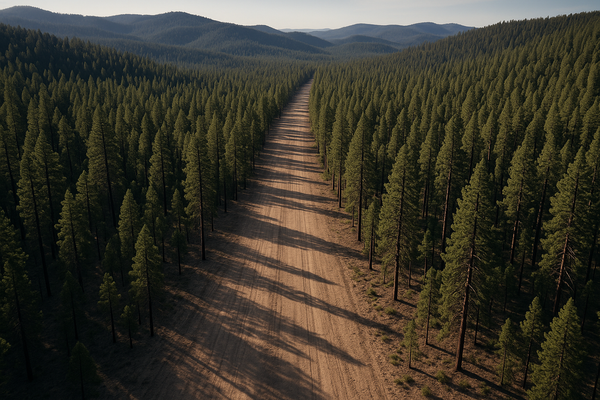 Wide aerial view of a ponderosa pine forest in Arizona with a cleared firebreak cutting through the tree line, late afternoon