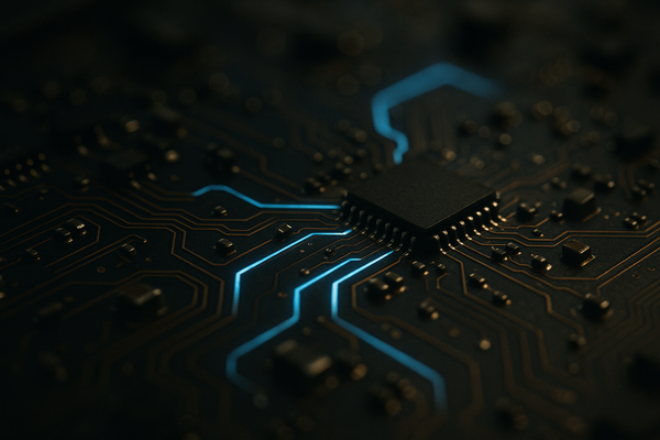 of a circuit board with faint blue light traces against a dark background, no text, no people