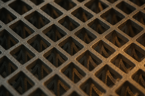 of a metallic lattice structure under warm industrial lighting, abstract geometric forms suggesting layered manufacturing, no