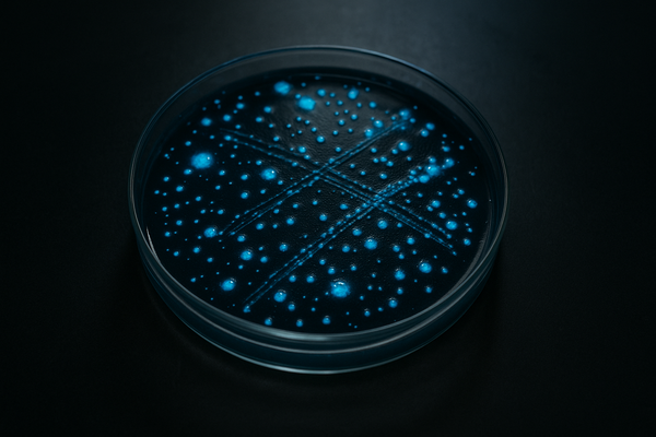 of a petri dish with glowing blue bacterial colonies on a dark laboratory bench, no people, no text