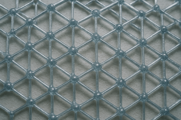 of a thin crystalline lattice structure under laboratory lighting, abstract geometric pattern, no people, no text