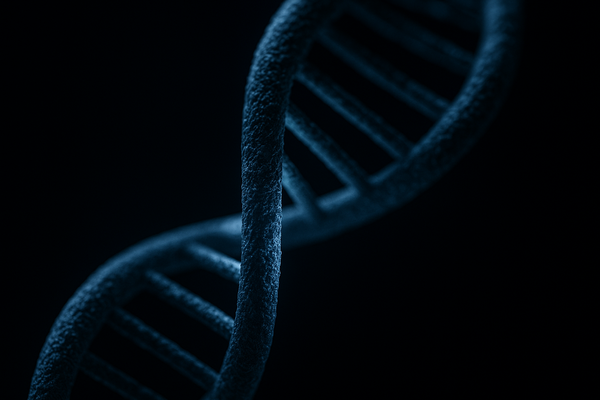 of a glowing double helix strand suspended in blue light against a dark background, no text, no people