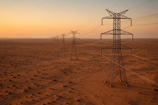 Wide aerial view of electrical transmission towers crossing a desert landscape at dusk, warm orange sky, no people