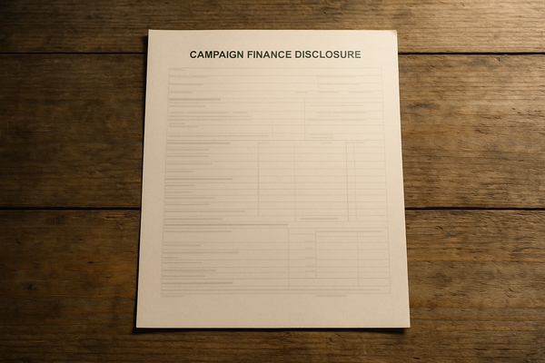 of a blank campaign finance disclosure form on a wooden desk, natural light, no text visible