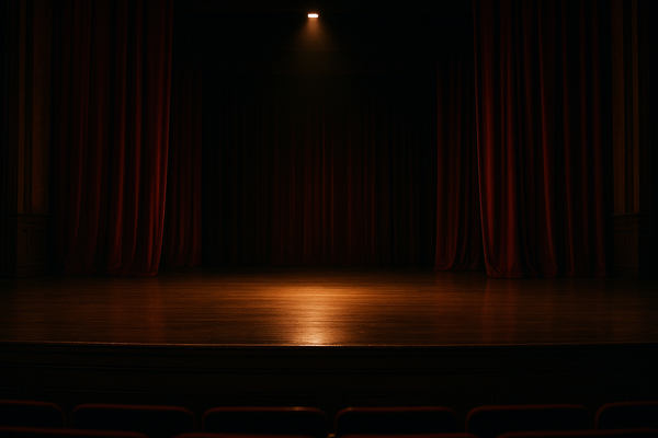 Empty theater stage with warm spotlight on polished wood floor, red velvet curtains in background, no people