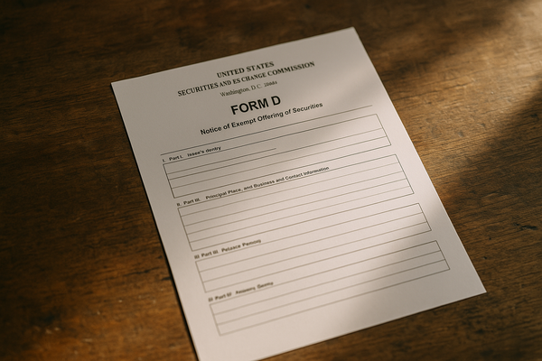 of a blank SEC Form D document on a wooden desk, natural light, no people