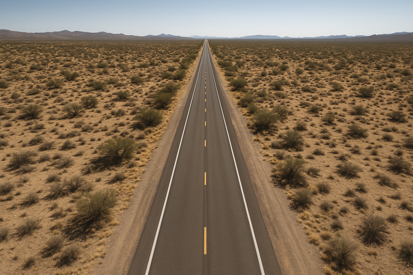 Wide aerial view of a two-lane desert highway cutting through dry brush and scrubland in central Arizona, midday light, no pe