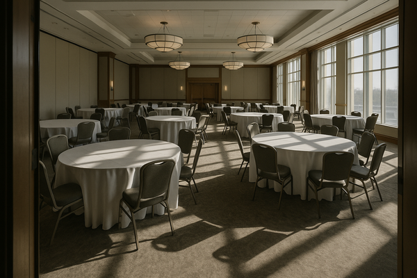Empty hotel meeting room set for a daytime luncheon, round tables with white linens, afternoon light through tall windows, no