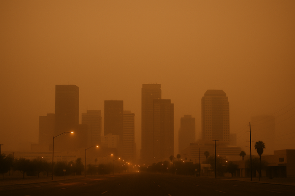 of a hazy pre-dawn Phoenix skyline, orange-brown particulate haze obscuring distant mountains, no people