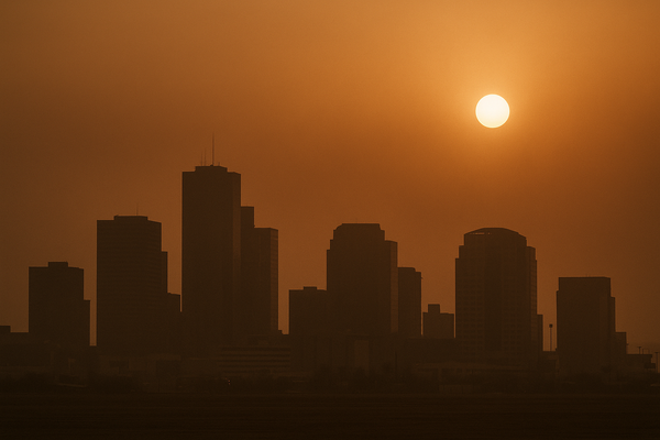 of a hazy Phoenix skyline at dusk, orange-brown particulate haze obscuring distant mountains, no people, no text