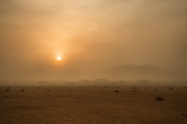 of a hazy desert skyline at dawn, orange-tinged sky with diffuse light, no people, no text