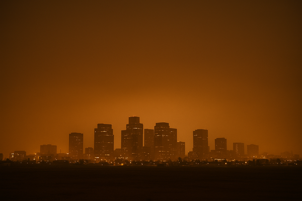 of a hazy orange-tinted sky over a desert city at night, no people, no text, no logos