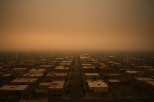 of a hazy desert sky over a flat urban grid at dusk, orange and brown tones, no people, no text