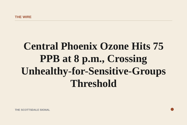 of a hazy Phoenix desert skyline at dusk, orange-tinged sky, no people, no text