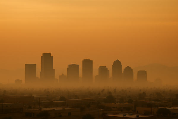of a hazy Phoenix skyline at dusk, orange-tinged sky, no people, no text