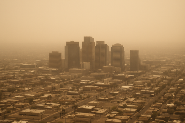 Wide aerial view of a hazy desert city skyline at midday, brown particulate haze visible in the atmosphere, no people, no tex