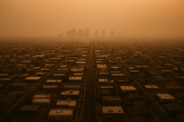 of a hazy desert sky over a flat urban grid at dusk, orange and brown particulate haze visible on the horizon, no people