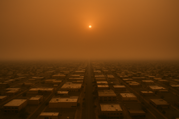 of a hazy desert sky at dusk over a flat urban grid, orange-brown particulate haze diffusing the last light, no people, no te