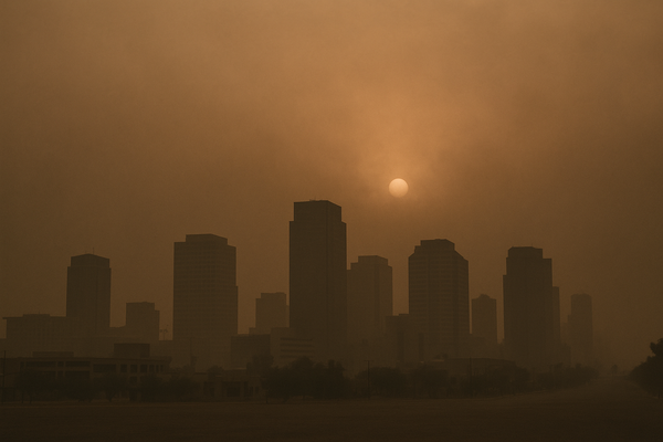 of a hazy desert skyline at dusk, orange-brown particulate haze diffusing the last light, no people, no text
