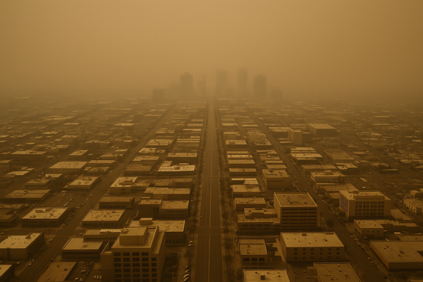 Wide aerial view of a hazy brown sky over a flat desert city grid at midafternoon, no people, no text, no logos