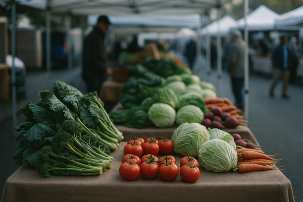 of fresh produce at an outdoor farmers market, shallow depth of field, natural morning light