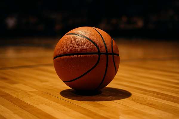 of a basketball resting on a hardwood court under arena lighting, no people, no logos