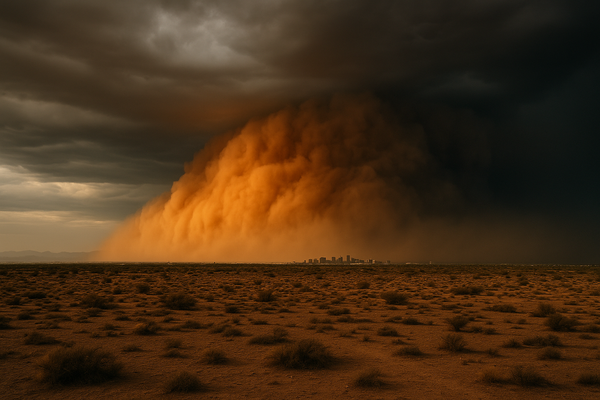 Wide desert sky at dusk with a towering brown dust wall approaching a flat urban horizon, dramatic orange and grey light, no