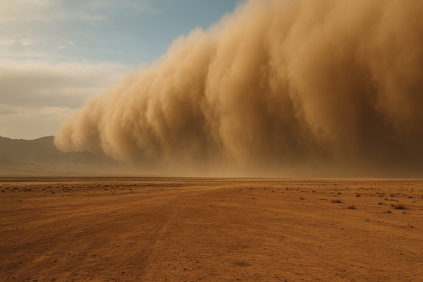 Wide desert landscape at dusk with a towering wall of brown dust advancing across a flat valley floor, mountains faintly visi