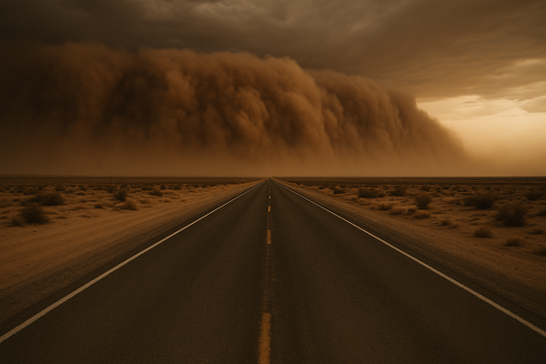 Wide desert highway at dusk with a massive brown dust wall approaching from the south, no vehicles or people visible, dramati