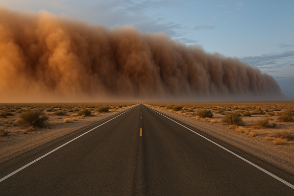 Wide desert highway at dusk with a towering brown dust wall approaching from the horizon, no vehicles or people visible