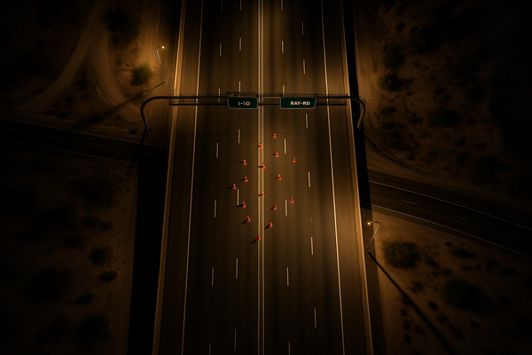 Wide aerial view of an empty desert freeway interchange at night, orange construction cones visible, no people or text