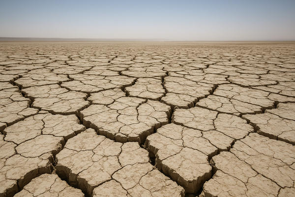 of a dry desert landscape at midday, heat shimmer rising from cracked earth, pale blue sky, no people