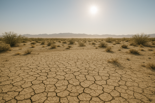 of a sun-bleached desert landscape at midday, heat shimmer rising from cracked earth, Sonoran scrub in the foreground, pale b
