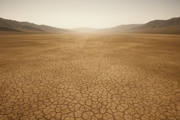 Wide aerial view of a sun-baked desert valley at midday, heat shimmer rising from cracked earth, cloudless pale sky, no peopl
