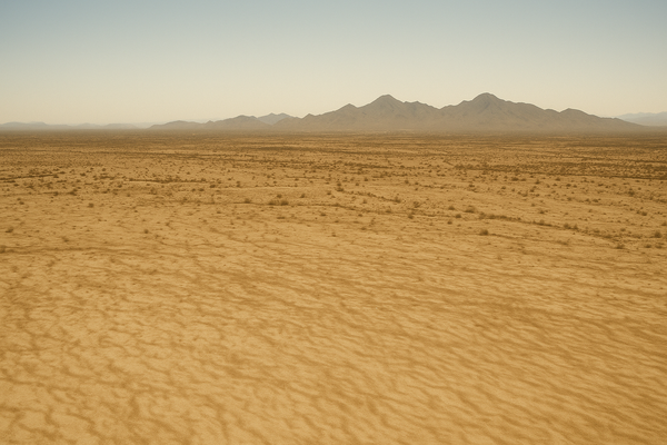 Wide aerial view of a sun-baked desert valley at midday, heat shimmer rising from pale earth, cloudless pale blue sky, no peo