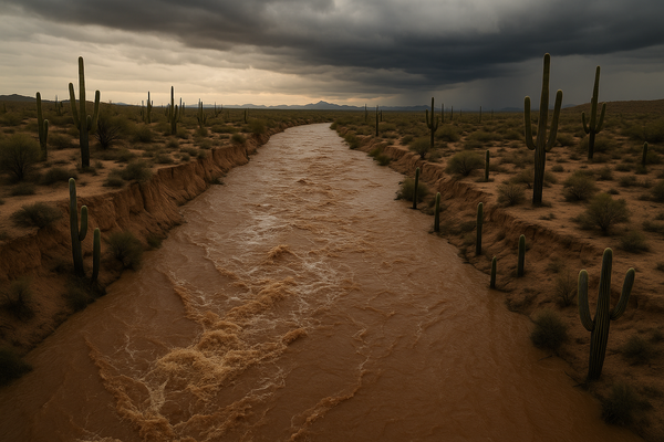 Wide aerial view of a desert wash running fast with brown floodwater at dusk, saguaro cacti on the banks, storm clouds on the